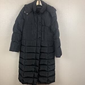 Molodo Puffer Long Coat Size Medium Black Down Filled Quilted Removable Hood